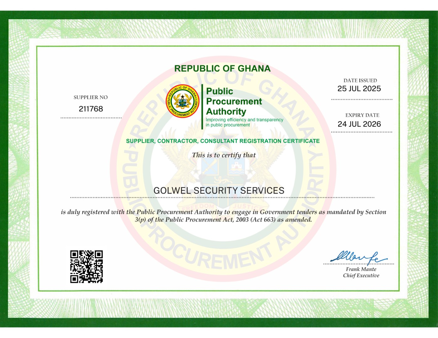 Public Procurement Authority (PPA) Certificate